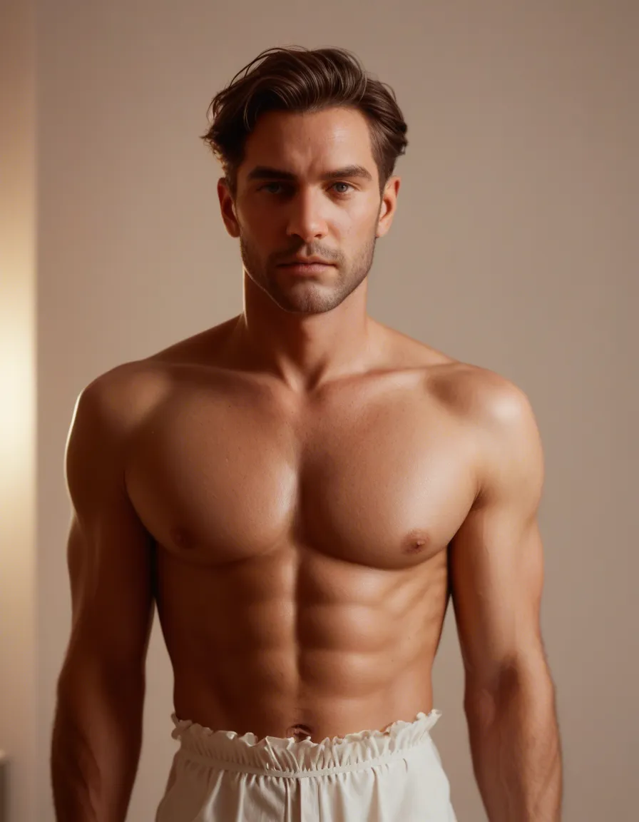 8k, sharp focus, detailed skin, 1boy, brown hair, frills, topless, studio lighting, dslr quality, score_9, score_8, candid photo, realistic skin texture, visible skin pores, film grain, depth of field