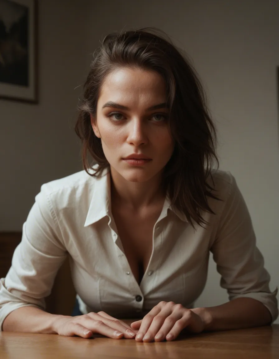 ultra HD, lifelike, 1woman, bent over, buttons, RAW photo_(object), score_9, score_8, candid photo, realistic skin texture, visible skin pores, film grain, depth of field
