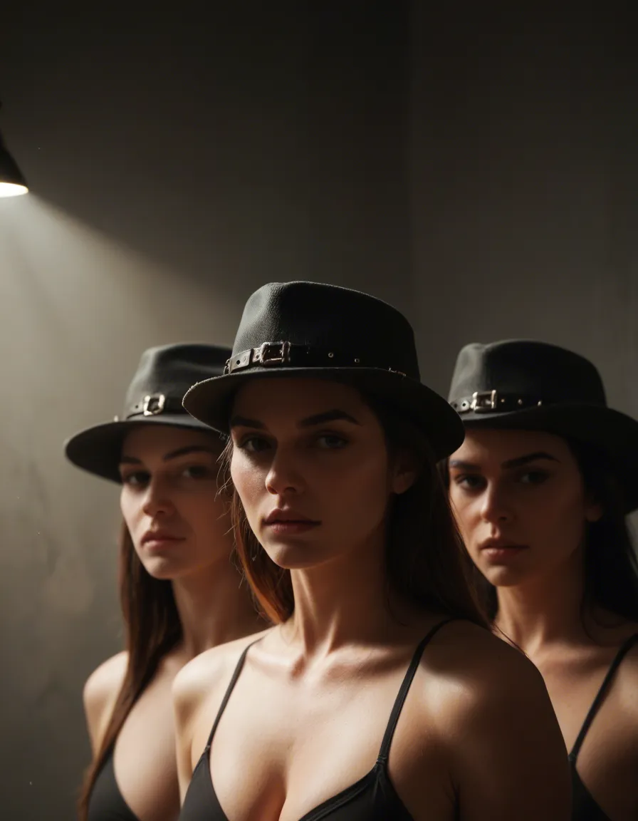 RAW photo, ultra realistic, 4women, hat, bondage, spotlight, dslr quality, score_9, score_8, candid photo, realistic skin texture, visible skin pores, film grain, depth of field