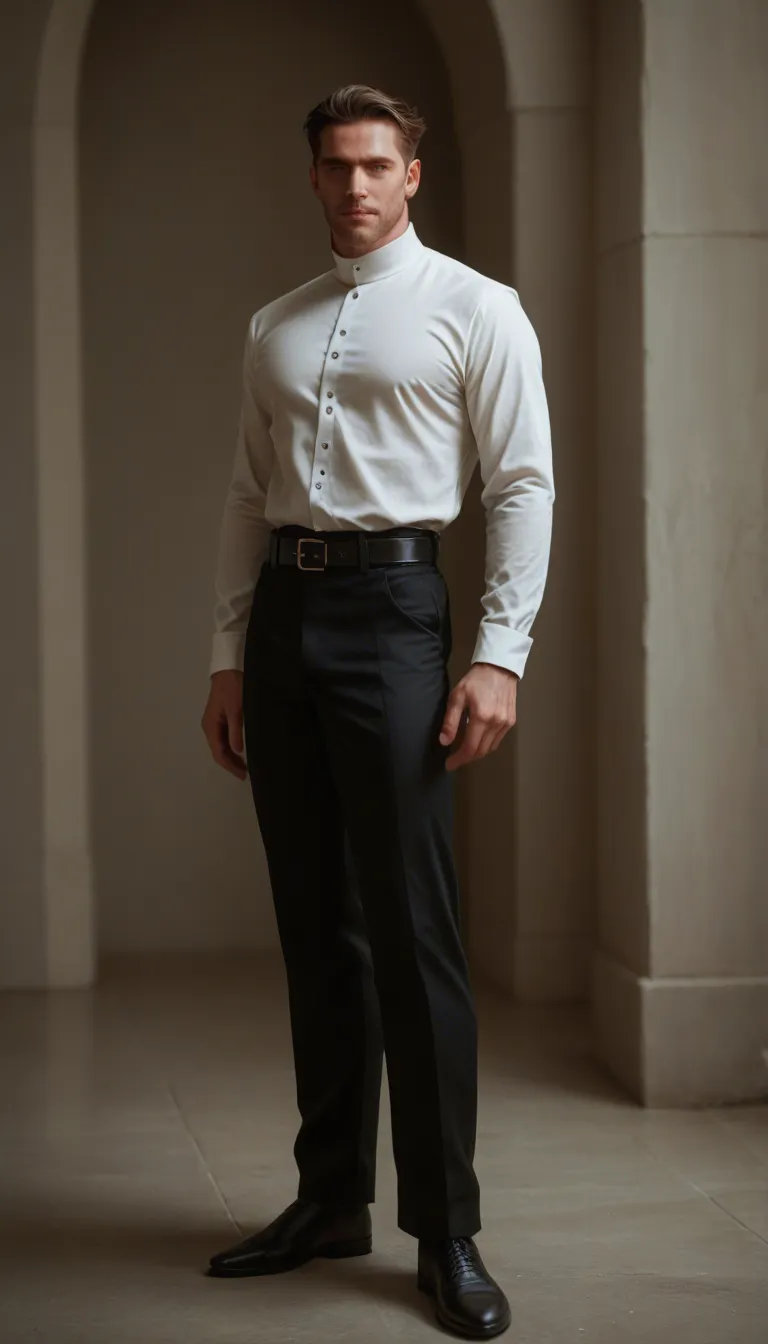 Gay male, priest, clean shaven, hair combed to the side. Clerical shirt with white tab collar. Black trousers, belt, shoes. ejaculation inside his pants.