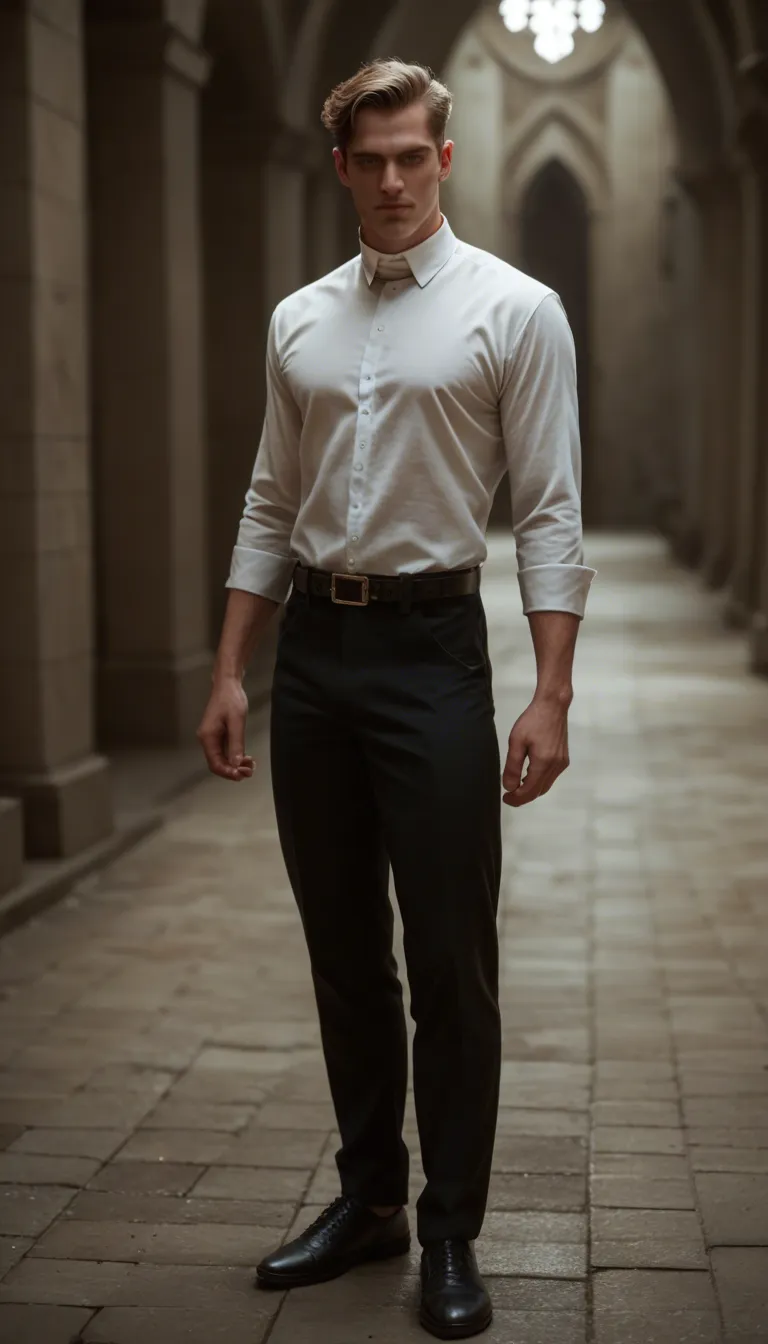 Gay male twink, priest, clean shaven, hair combed to the side. Black clerical shirt with white tab collar. Black trousers, belt, shoes. Visible ejaculation inside his pants.