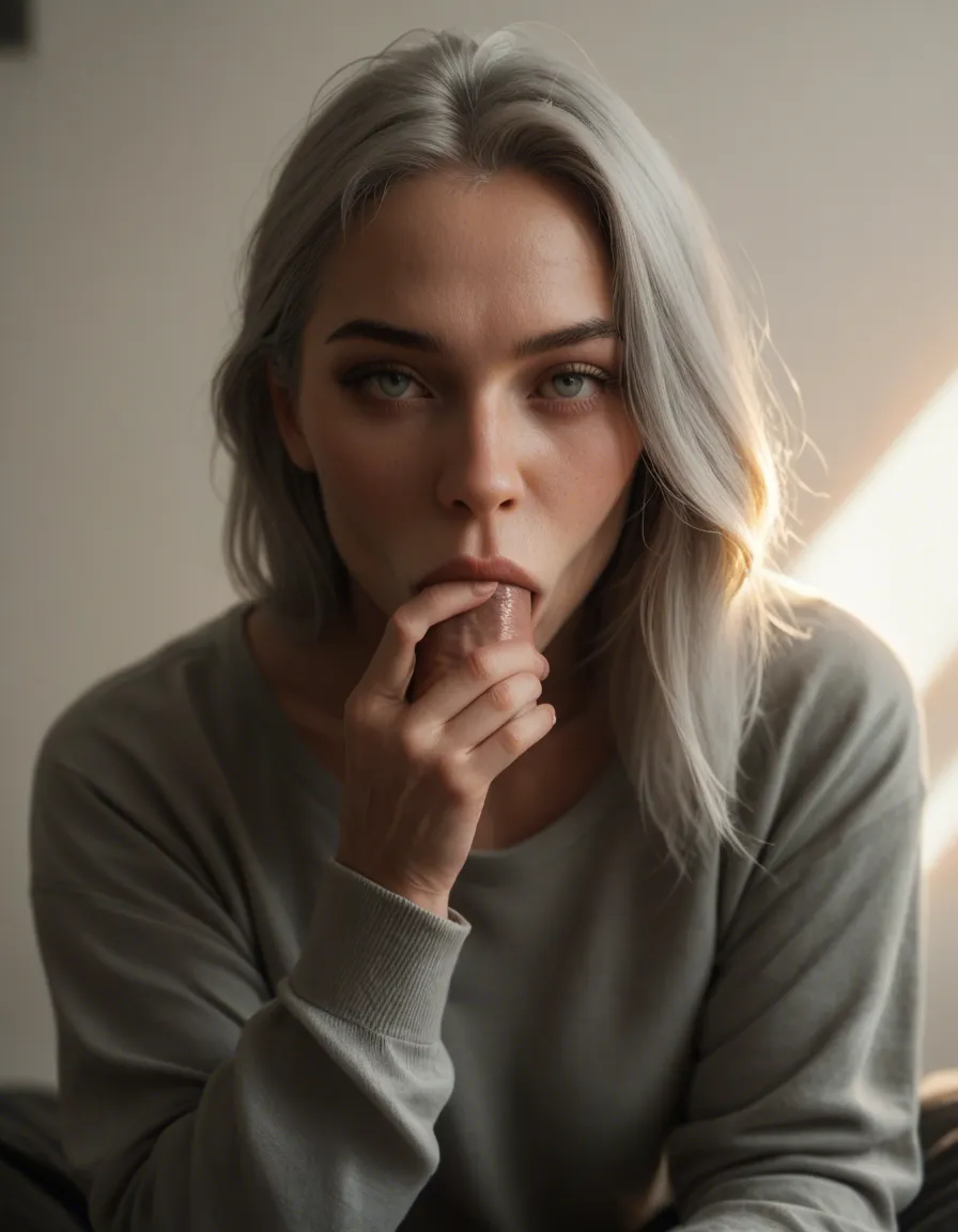 highly detailed, natural lighting, fitness model, grey hair, long sleeves, blowjob, rim light, dslr quality, score_9, score_8, candid photo, realistic skin texture, visible skin pores, film grain, depth of field