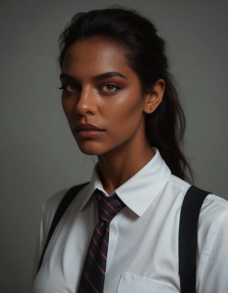 studio quality, sharp focus, demon woman, necktie, presenting, 8k uhd photo, score_9, score_8, candid photo, realistic skin texture, visible skin pores, film grain, depth of field