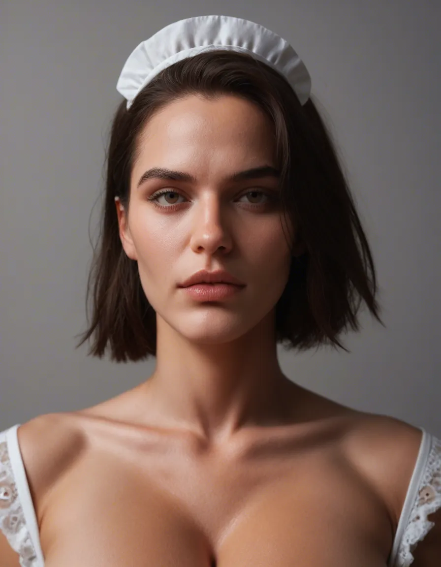 studio quality, sharp focus, maid, huge breasts, alternate costume, presenting, grey background, close-up, RAW photo, score_9, score_8, candid photo, realistic skin texture, visible skin pores, film grain, depth of field