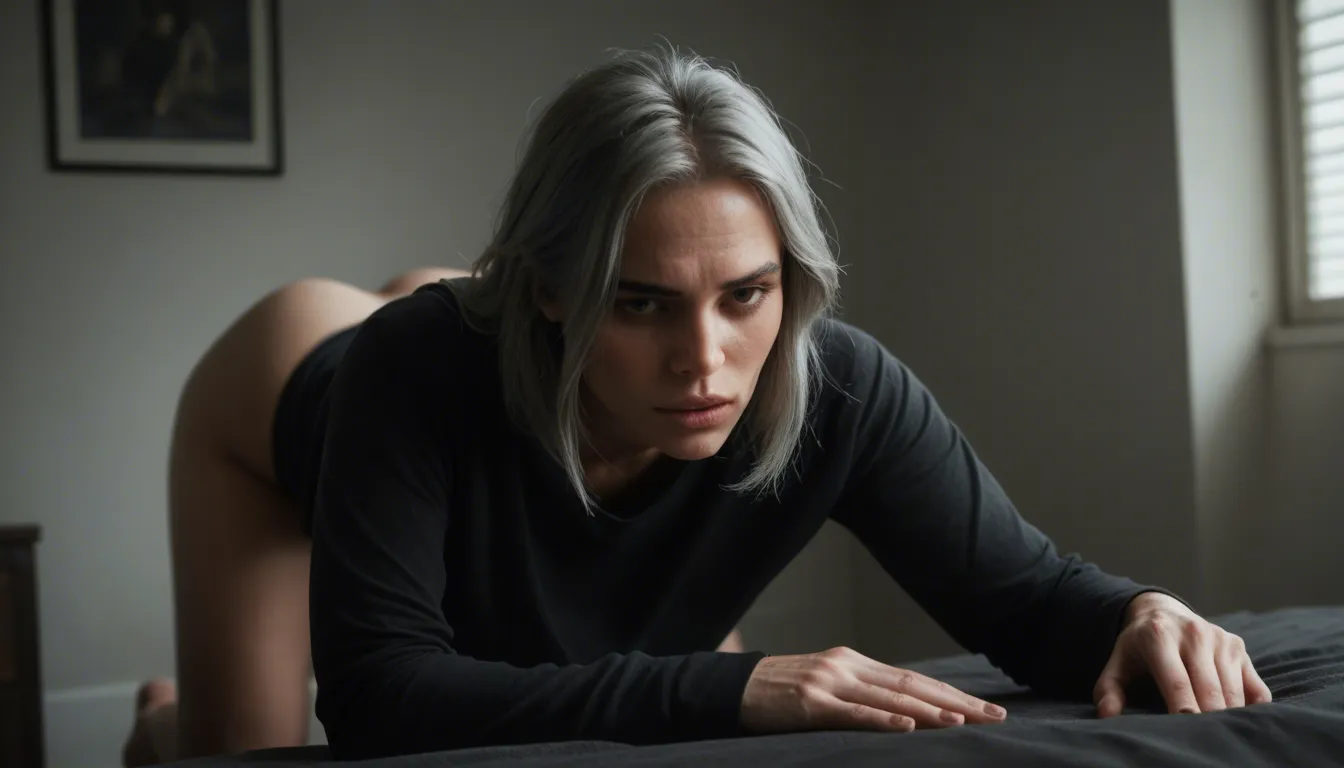 sharp focus, 8k uhd, solo, grey hair, long sleeves, doggy style, RAW photo, score_9, score_8, candid photo, realistic skin texture, visible skin pores, film grain, depth of field