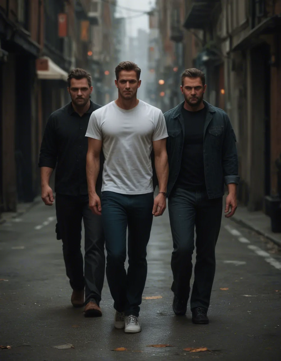 cinematic photo, 8k, 3boys, male_penetrated, full_body, walking, score_9, score_8, candid photo, realistic skin texture, visible skin pores, film grain, depth of field