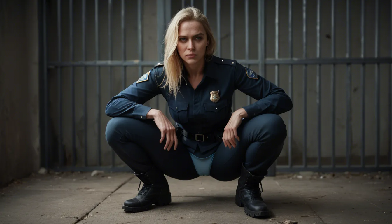 A mature_female, blonde and short, wearing a police uniform, black uniform pants, light blue panties, and black utility boots, is squatting outside a jail cell. She is giving an interracial deepthroat blowjob to a prisoner while fingering herself. Her pants and panties are down around her ankles. Dramatic lighting, ultra realistic, full body.