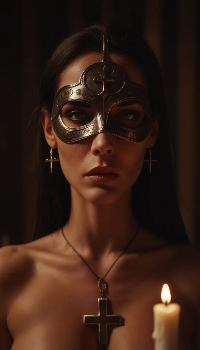 **Initial State:**
The scene is a candle-lit ballroom filled with masked observers. In the center stands a large wooden cross. A soft, curvy, and voluptuous woman is leaning her back against the rough-hewn timber. Her arms are gently but firmly secured to the crossbeams and her legs are fastened to the base with lengths of rope, leaving her restrained in an open, vulnerable position. She is wearing a silky red dress that clings to her curves. Two men stand close to her; one has his hands on her cheek and neck, while the other is at her shoulder. They are in the process of gliding their hands downward across her chest, waist, and thighs, and then sweeping back up her sides in a rhythmic, provocative pattern through the red silk.

**Change/Action:**
The tactile stimulation triggers a sudden, involuntary reaction in the woman. As the men’s palms sweep upward across her ribs and waist, she lets out a short, breathless giggle. She instinctively tries to recoil from the ticklish sensation, tilting her head back against the wood and arching her curvy torso slightly away from the touch, her body shivering with a nervous, high-energy rush. She lets out a soft, fluttery laugh, her eyes widening as she reacts to the unexpected sensory overload of the synchronized stroking.