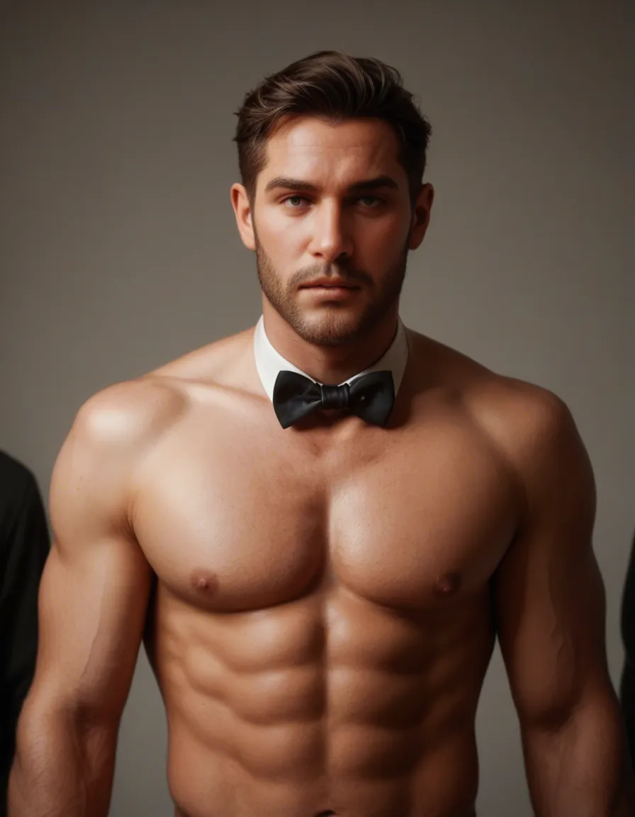 8k, sharp focus, detailed skin, 2boys, gradient hair, bowtie, topless, ambient glow, 8k uhd photo, score_9, score_8, candid photo, realistic skin texture, visible skin pores, film grain, depth of field