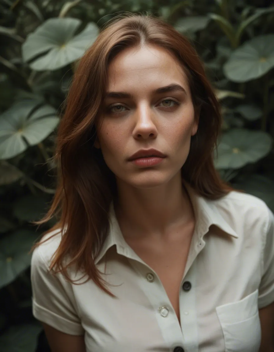 best quality, hyperrealistic, from above, solo female, futanari, buttons, plant, dslr quality, score_9, score_8, candid photo, realistic skin texture, visible skin pores, film grain, depth of field