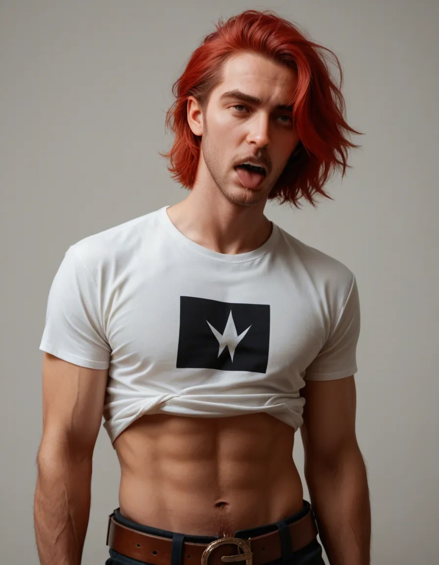 best quality, hyperrealistic, male focus, red hair, belt, ahegao, lifelike render, lifting shirt, pushing big tits together, score_9, score_8, candid photo, realistic skin texture, visible skin pores, film grain, depth of field