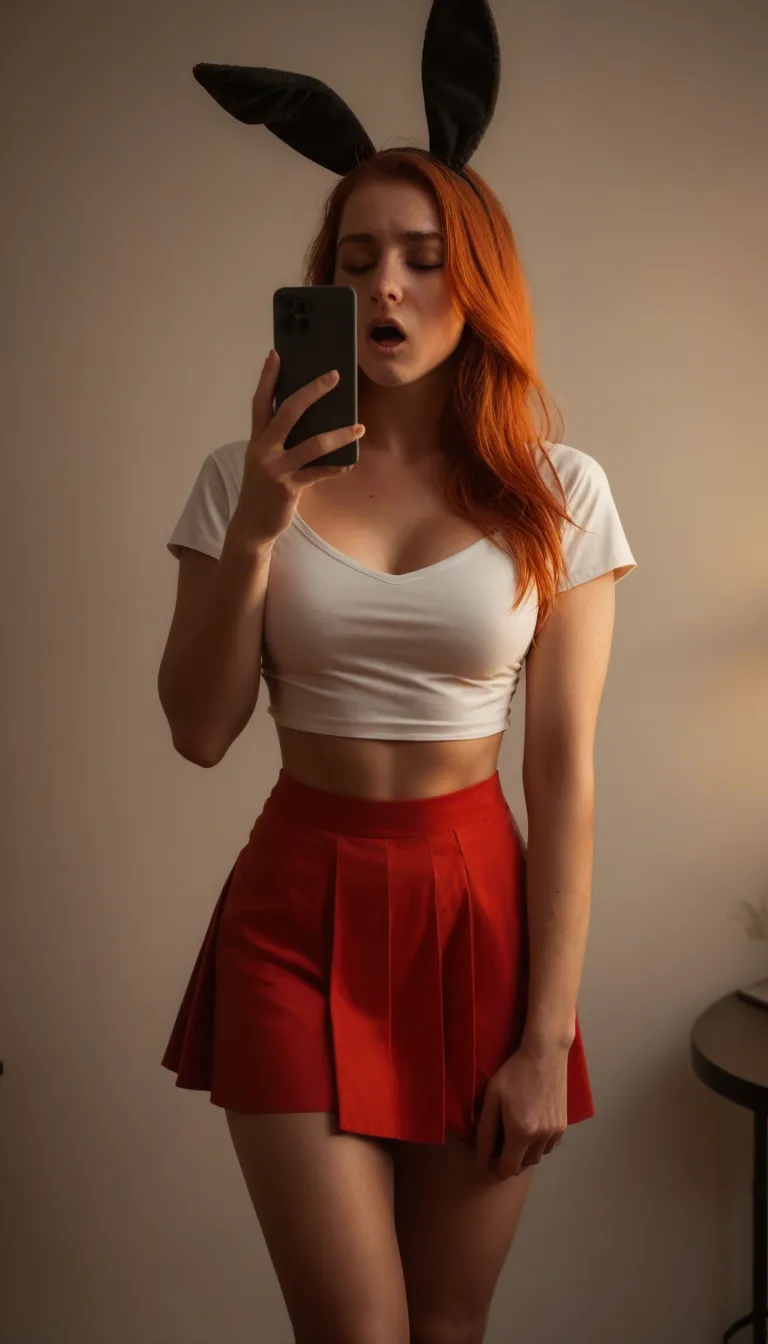 real photo, detailed, cowboy shot, redhead woman, fake animal ears, skirt, moaning, unfiltered look