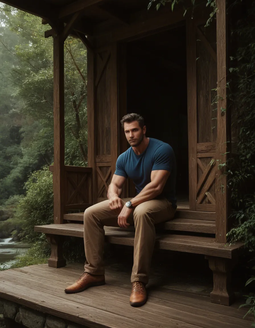 masterpiece, best quality, amazing quality, very aesthetic, absurdres, newest, subsurface scattering, aesthetic light, very awa, realistic, scenery,
 bara, male focus,vfull body, realistic, porn photo, full body, on a porch, a man sits on the porch, loose bathrobe, man is extremely hairy, muscle-chub, big body, big pecs, bullneck, round belly, muscle-chub, mustache, perfect eyes, wide chin, double chin, narrow forehead, bushy eyebrows, beard, hair, big bulge, balls, penis, foreskin, precum drip, veiny balls, excessive, score_9, score_8, candid photo, realistic skin texture, visible skin pores, film grain, depth of field