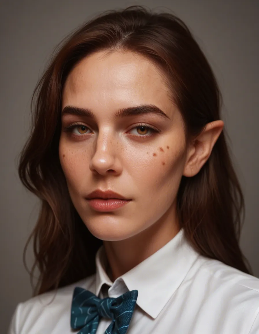 professional photo, high detail, mature freckled female, pointy ears, bowtie, presenting, extreme close-up, golden hour, photorealistic, score_9, score_8, candid photo, realistic skin texture, visible skin pores, film grain, depth of field