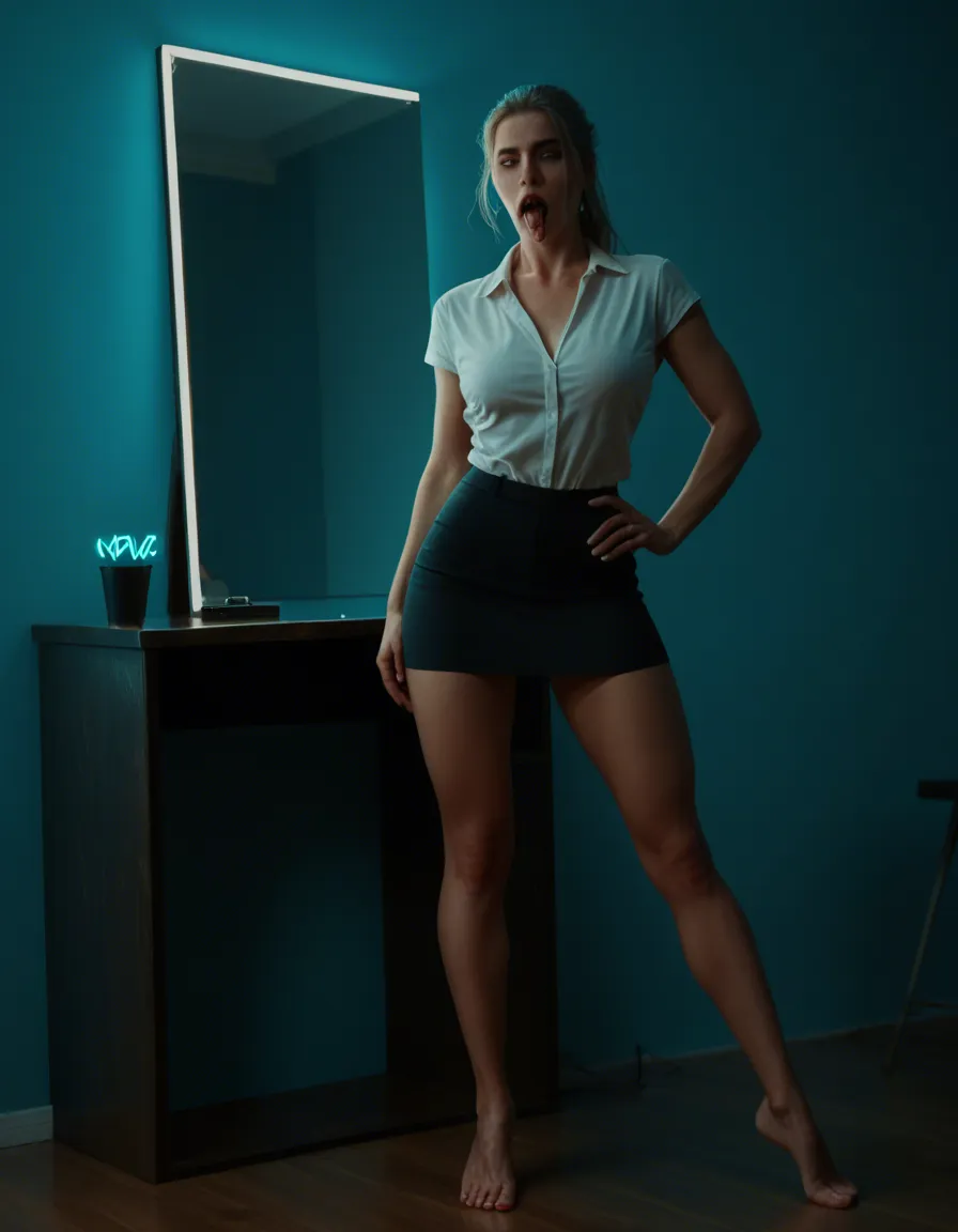 highly detailed, natural lighting, solo focus, hand on own hip, office wear, mirror reflection, ahegao, blue background, full body, neon glow, dslr quality, score_9, score_8, candid photo, realistic skin texture, visible skin pores, film grain, depth of field