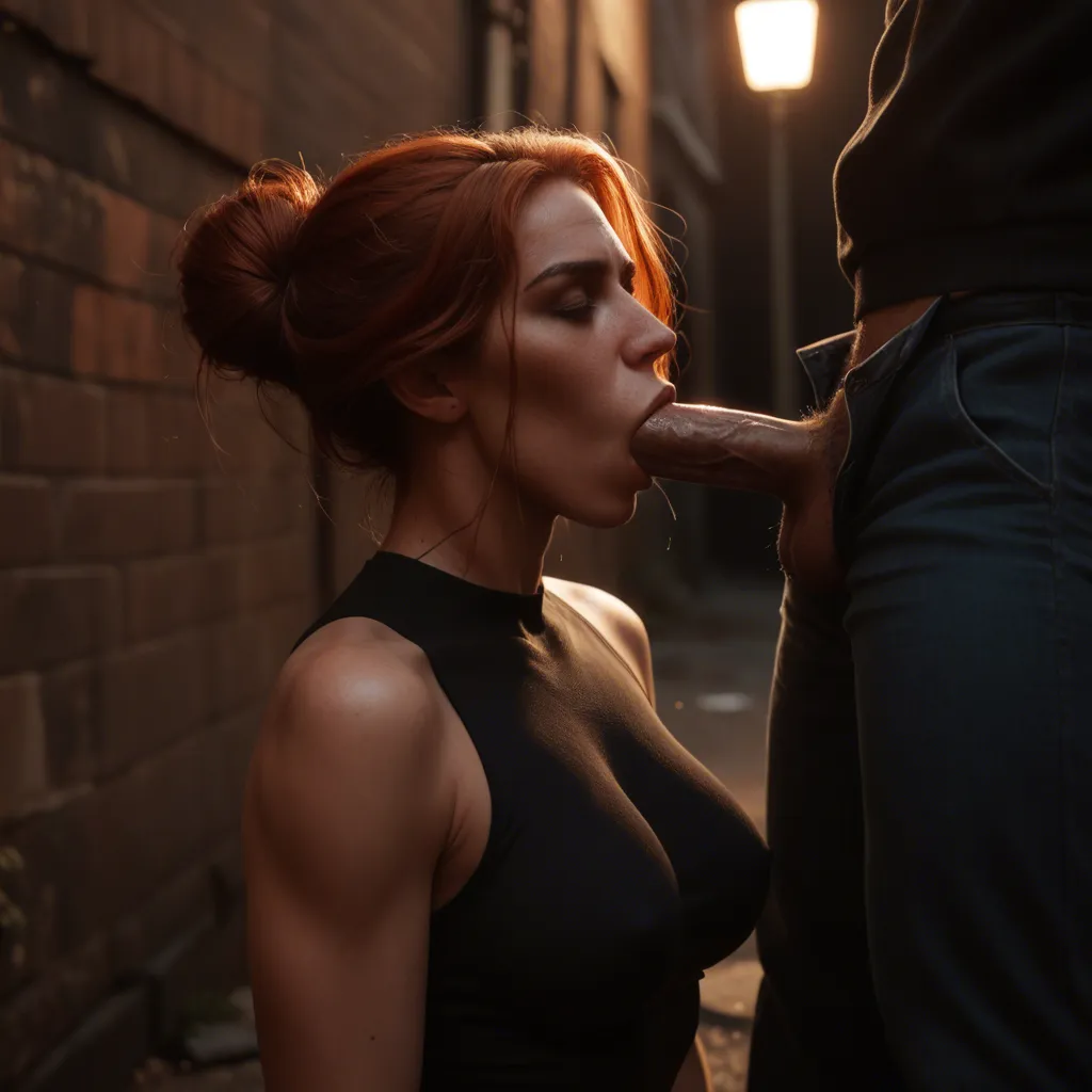 deepthroat blowjob, clothed sex, night, in back alley, ((mature female:1.3)), natural redhead, hair in bun, medium breasts, black_bodysuit, black ankle boots, squatting, hair pull, eagerly deepthroating a dark-skinned police officer with a large penis,
moody cinematic still, muted desaturated colors, deep but soft shadows, low-key lighting, subdued highlights, cool blue-gray shadows with faint warm skin tones, subtle film grain, slight haze, natural texture, restrained contrast, realistic 35mm film photograph