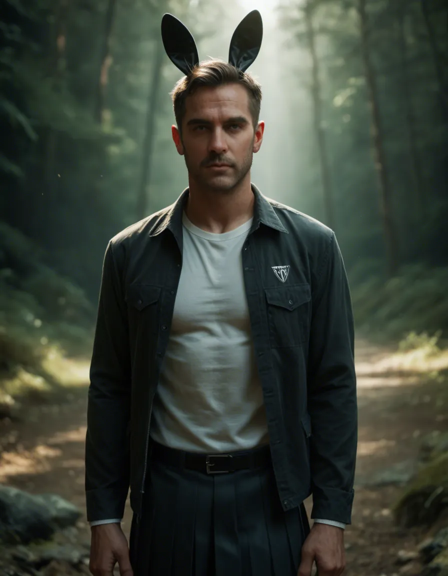 highly detailed, natural lighting, male focus, fake animal ears, pleated skirt, presenting, depth of field, photorealistic, score_9, score_8, candid photo, realistic skin texture, visible skin pores, film grain, depth of field