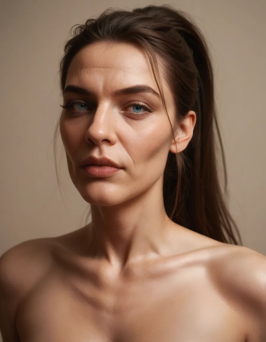 best quality, hyperrealistic, beautiful 50 year old mature_female, long thick wavy grey streaked_hair in a ponytail, nude, skinny mom body, square face, blue_eyes, bulbous nose, skinny cheeks, enhanced lips, small chin, dimple, square jawline, saggy jowls, tanlines, medium_breasts round fake breasts, large dark large_areolae, slender arms, veiny forearms, slim waist, wide_hips, shaved pussy, slim thighs, cellulite, standing in a doorway, hands_on_own_hips, looking_at_viewer, score_9, score_8, candid photo, realistic skin texture, visible skin pores, film grain, depth of field