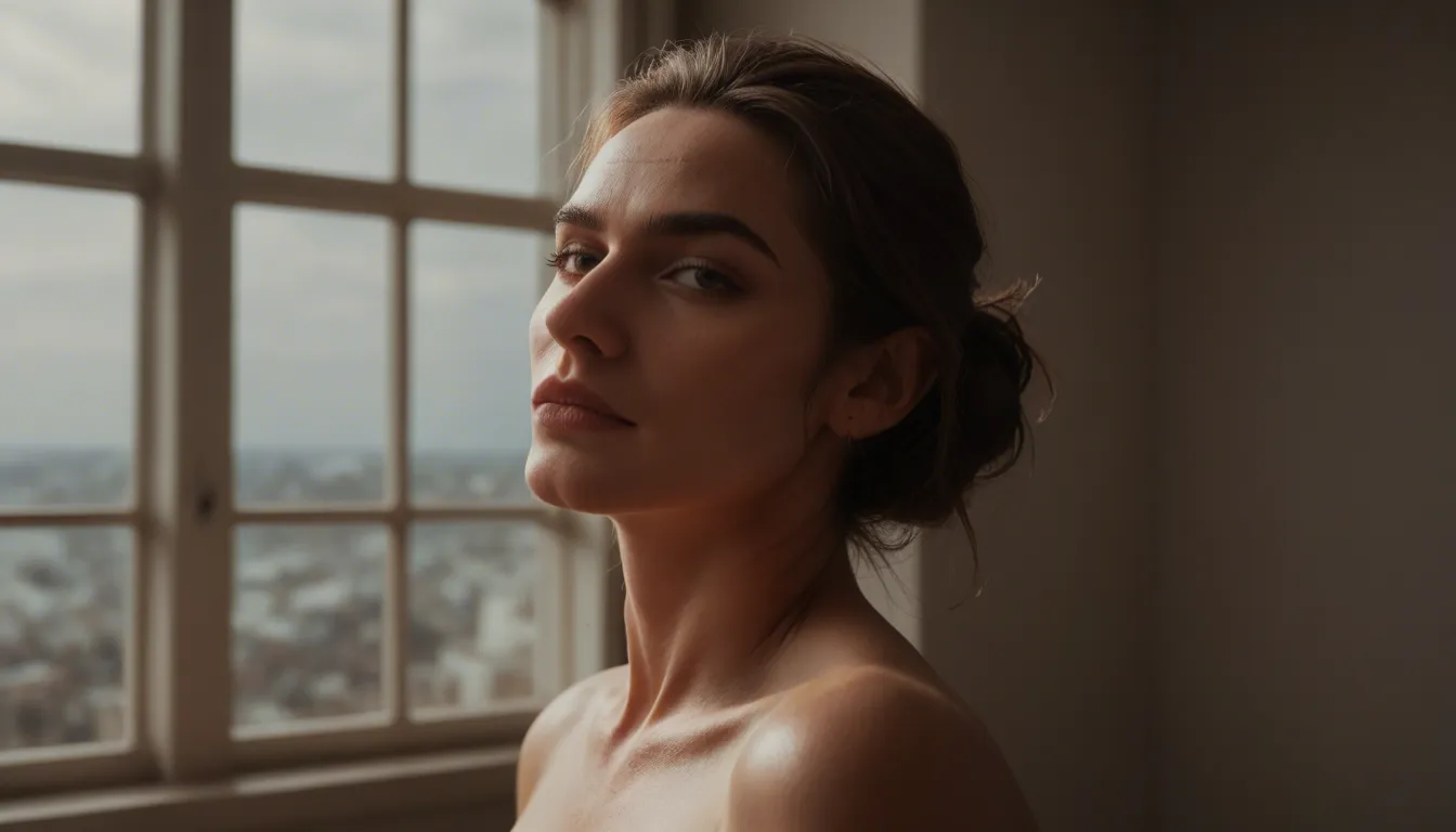 studio quality, sharp focus, over the shoulder, window light, photorealistic, realistic mature_male standing has a long clitoris