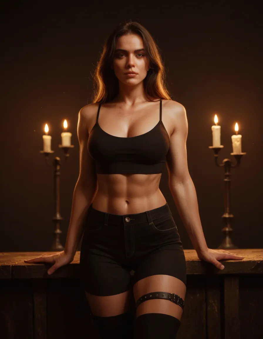 sharp focus, 8k uhd, solo, thigh strap, pants, futanari, portrait, candlelight, film photography, score_9, score_8, candid photo, realistic skin texture, visible skin pores, film grain, depth of field