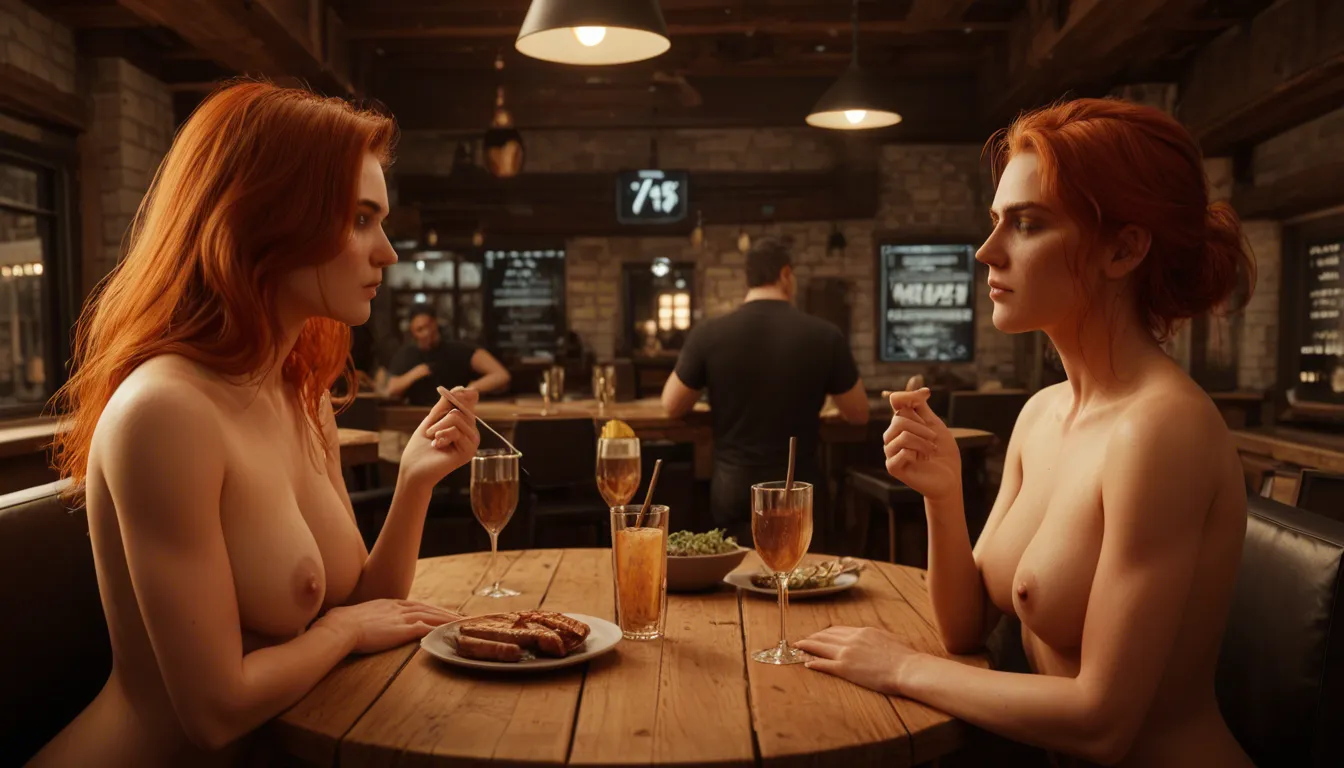 highly detailed, natural lighting, redhead wavy slutty woman, 20 years old, completely_nude is serving other nude women and men with boner in a cafe, lifelike render