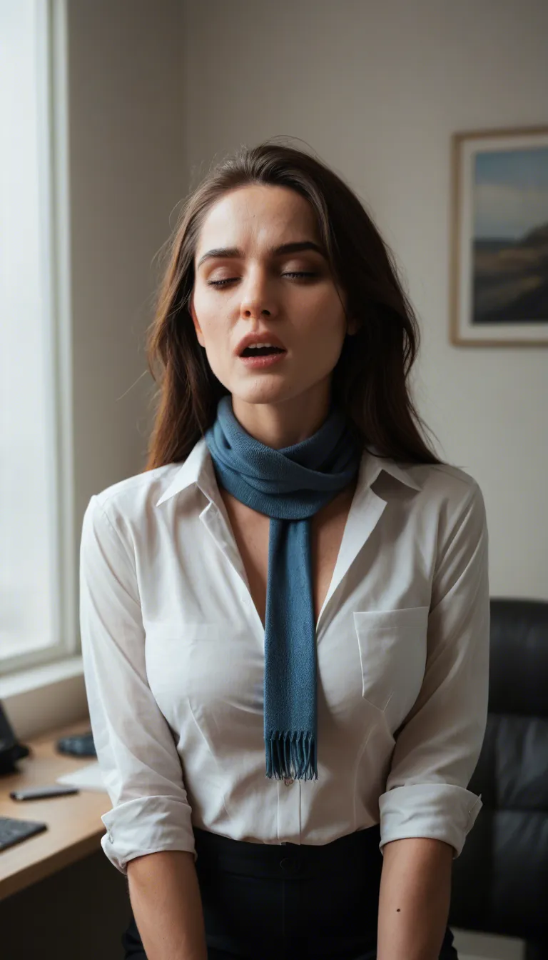 cinematic photo, 8k, wide shot, office lady, orgasm, scarf, film photography