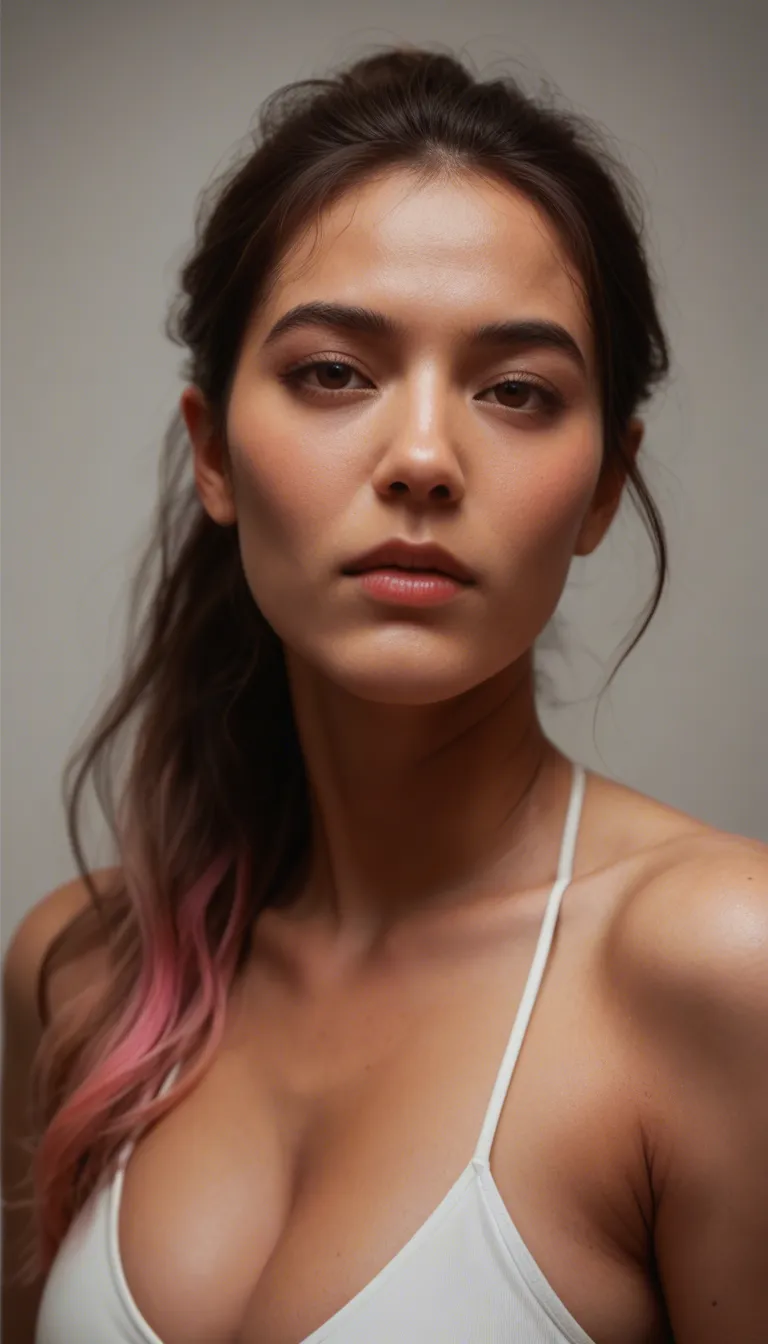 asian women with Long, wavy brunette hair with pink highlights, tied high in a ponytail, with a few strands floating around the face. large round dark brown eyes, fair skin tone, stylized facial features with a small nose and pink lips. she with a slim, athletic build and a flat, toned stomach. features an extremely voluminous, oversized, and dominating round bust. She has exceptionally gigantic breasts. A woman masturbates by inserting a large, black, ridged dildo, moving it in and out repeatedly until she ejaculates a white and clear fluid. more semen drop from vulva. The woman slumped, then lay down.