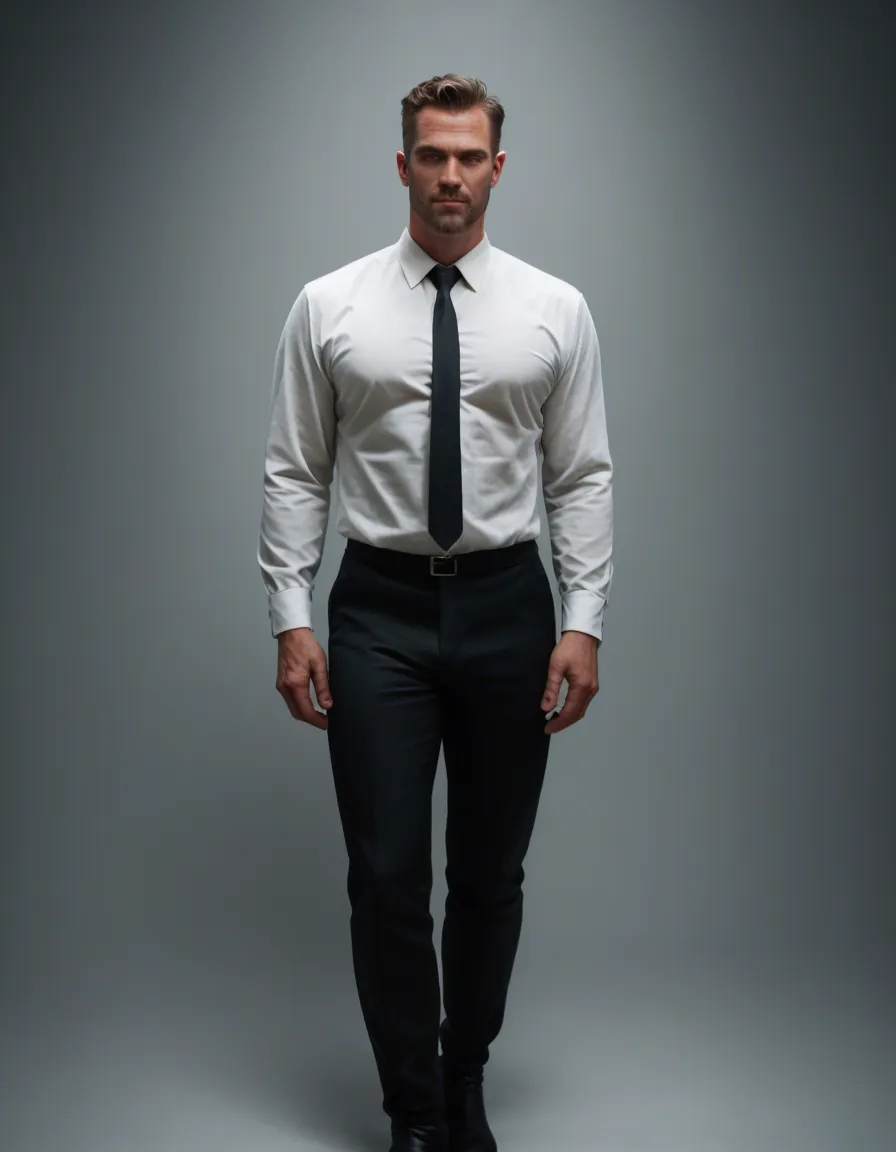professional photo, high detail, dutch angle, male focus, presenting, thigh boots, cinematic realism, score_9, score_8, candid photo, realistic skin texture, visible skin pores, film grain, depth of field