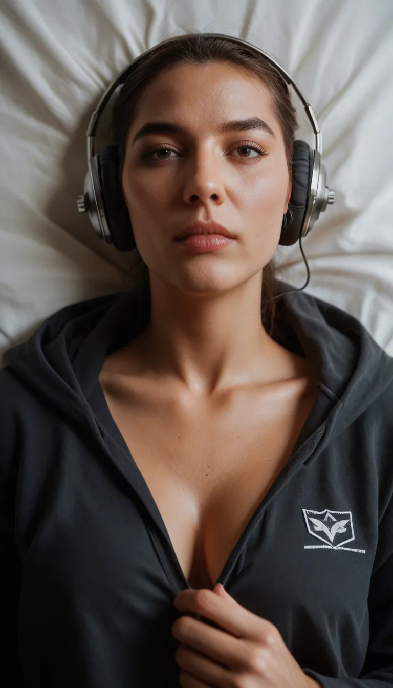 amateur iphone close up photo, nude sweet Arab college woman at home, Iranian, Kuwait, realistic skin tone, on bed, lying, wearing headphones and in a hoodie and short socks, from the side, black hair greasy in bun, holding iphone in hand, look to iphone, dynamic composition, open composition, asymmetrical composition, instant photo, lighting contrast, deep shadow, photorealistic, iphone quality, high detailed, high quality, ultra realistic.