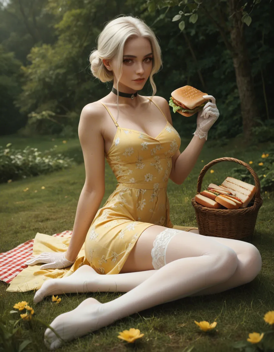 beautiful eyes with no makeup, (cute 18 year old woman), black choker, (white opaque thigh high stockings), long legs, shapely legs, slim waist, (cute yellow sundress with floral pattern), holding a picnic basket filled with sandwiches and jars, (short white lace gloves), brown eyes, (asymmetrical bob haircut), (straight hair), (dark brown shoulder length hair), no panties, (long eyelashes), no eye makeup, sitting on a picnic blanket under a tree, meadow in the background, eyes, brown, perfecteyes, open pussy,, score_9, score_8, candid photo, realistic skin texture, visible skin pores, film grain, depth of field