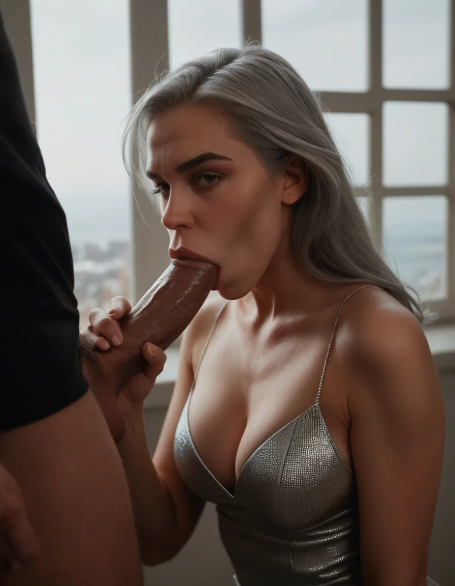 RAW photo, ultra realistic, multiple women, grey hair, cocktail dress, blowjob, window light, dslr quality, score_9, score_8, candid photo, realistic skin texture, visible skin pores, film grain, depth of field