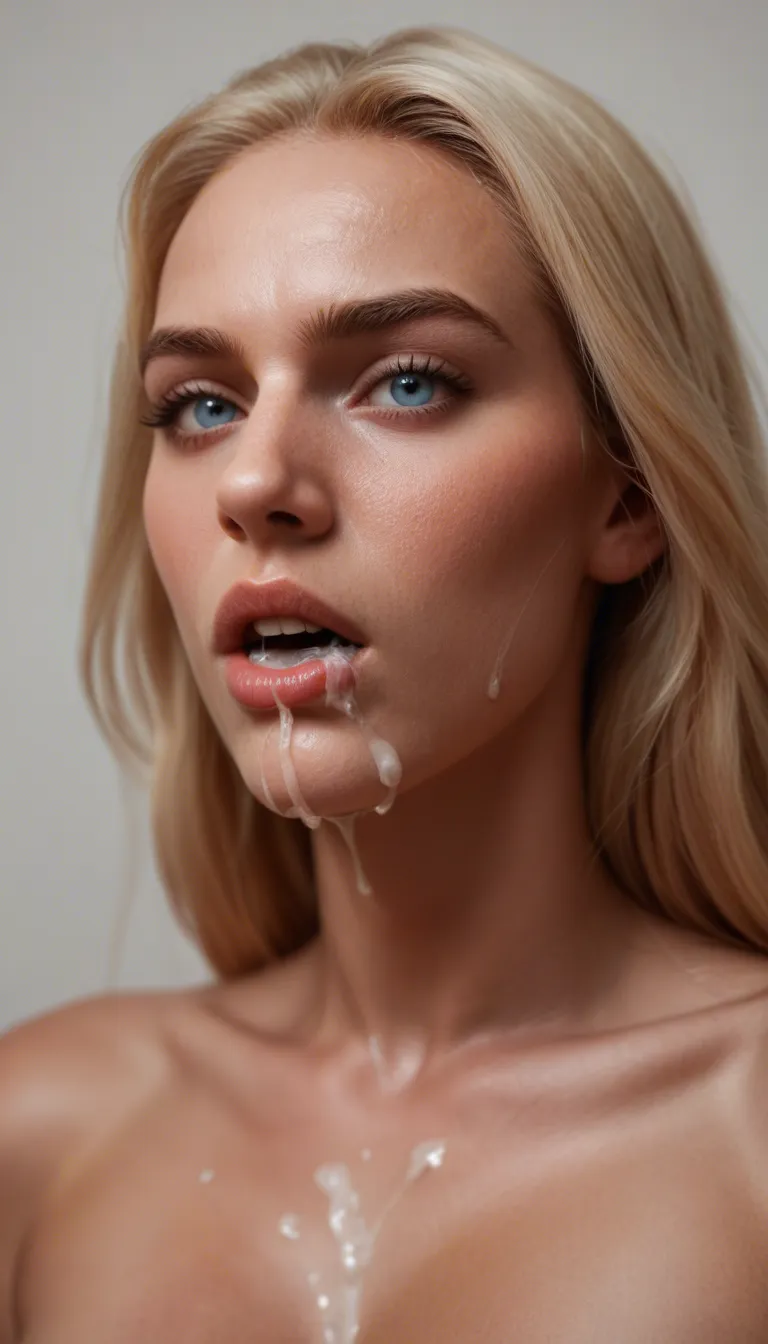 20 years old skinny bitch with blonde Hair, blue eyes and big tits gives a deep throat and get cum over the face