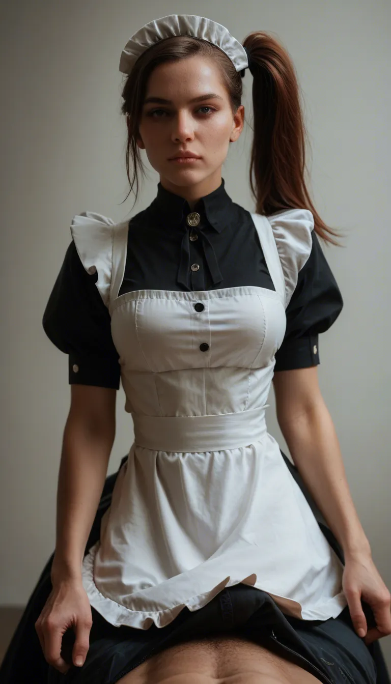 best quality, hyperrealistic, maid, side ponytail, puffy sleeves, riding