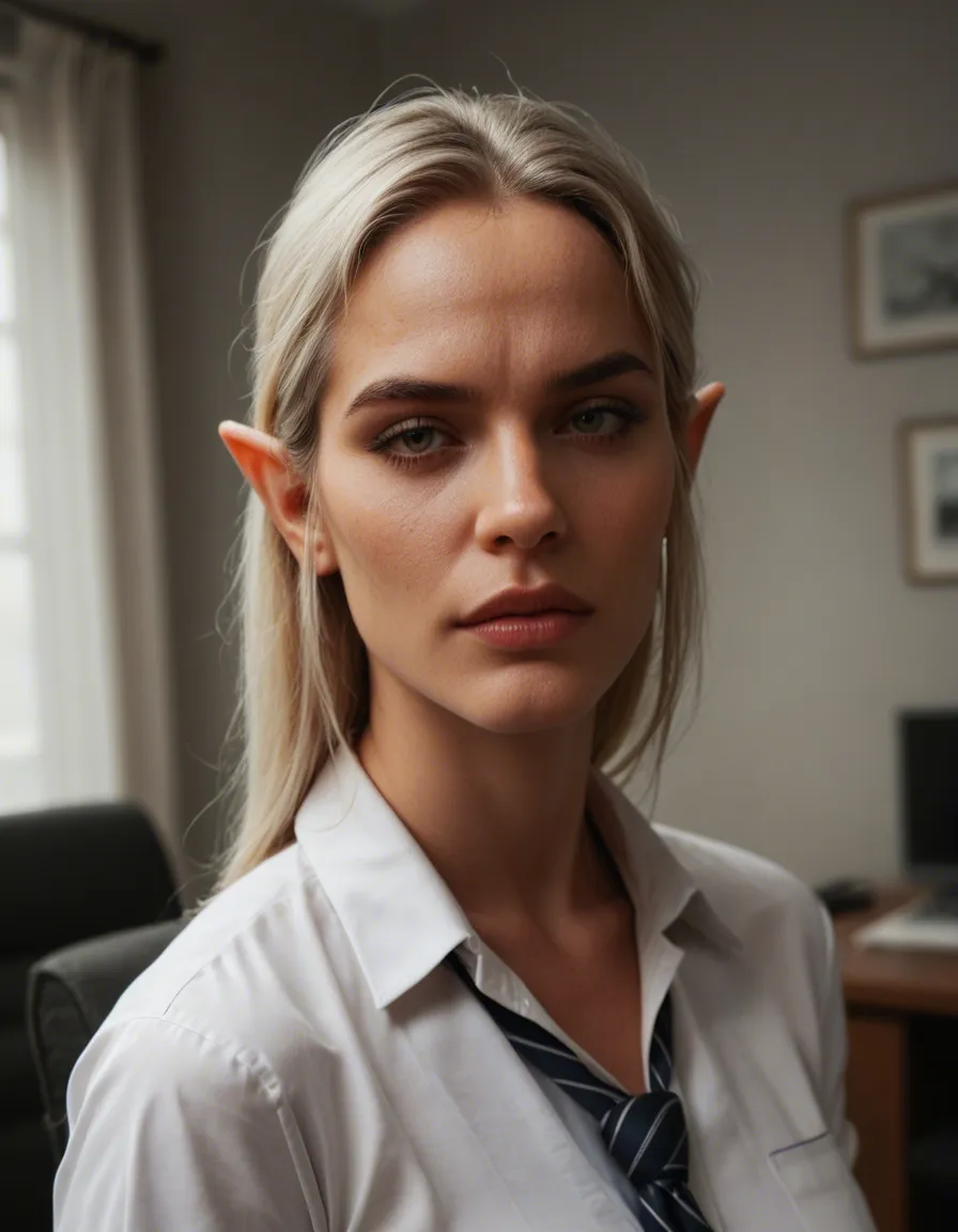 professional photo, high detail, elf girl, office wear, bondage, studio photo, score_9, score_8, candid photo, realistic skin texture, visible skin pores, film grain, depth of field