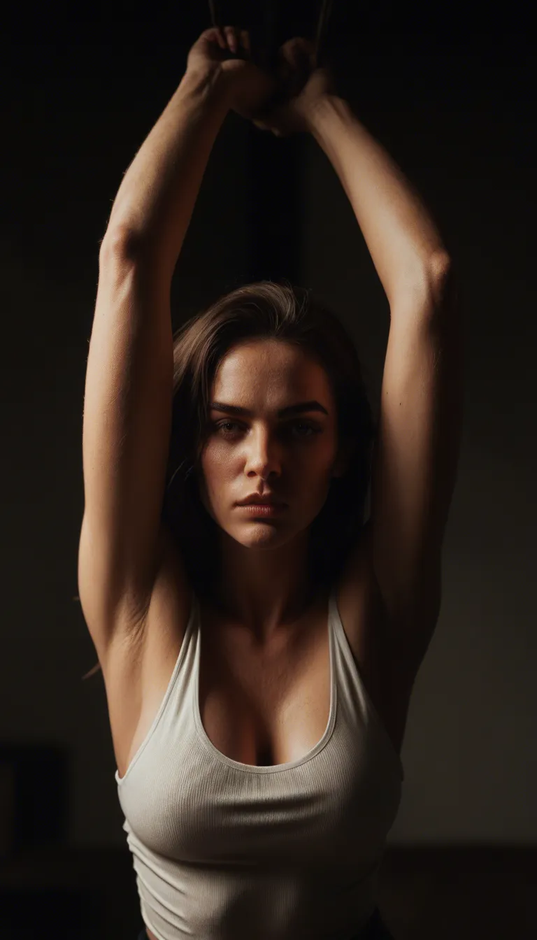 dslr, film grain, photorealistic, brunette woman, arms up, sleeveless, bent over, blurry background, moonlight, dslr quality