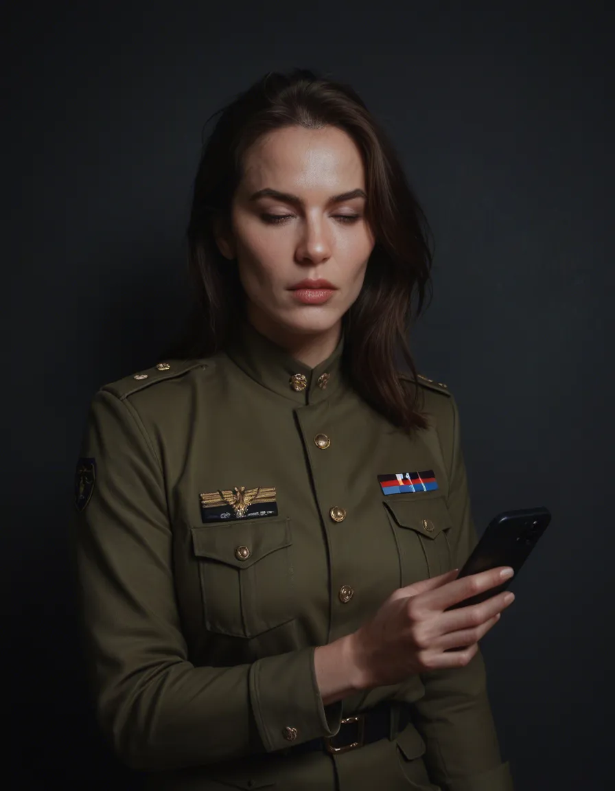 Short brunette mature_female , military_uniform , female_masturbation, score_9, score_8, amateur photo, phone snapshot, realistic skin texture, skin blemishes, soft indoor lighting