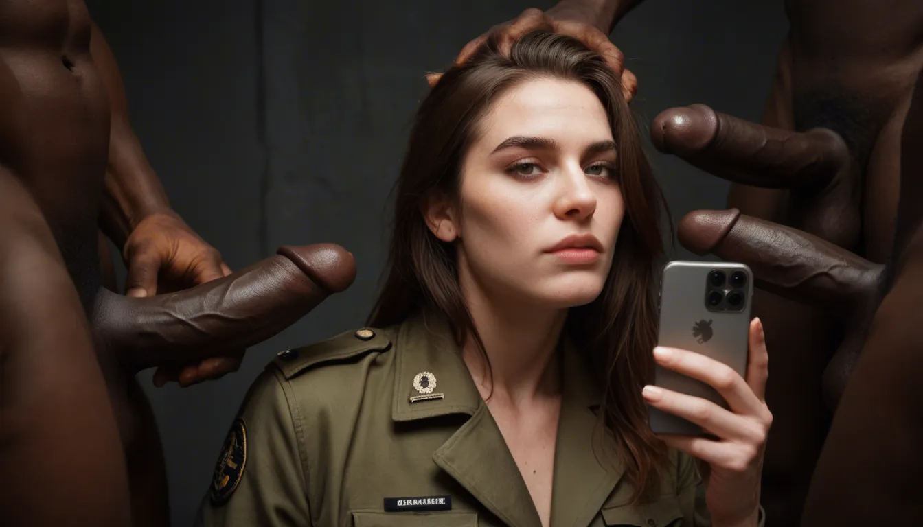Military, interracial , gangbang, score_9, score_8, amateur photo, phone snapshot, realistic skin texture, skin blemishes, soft indoor lighting