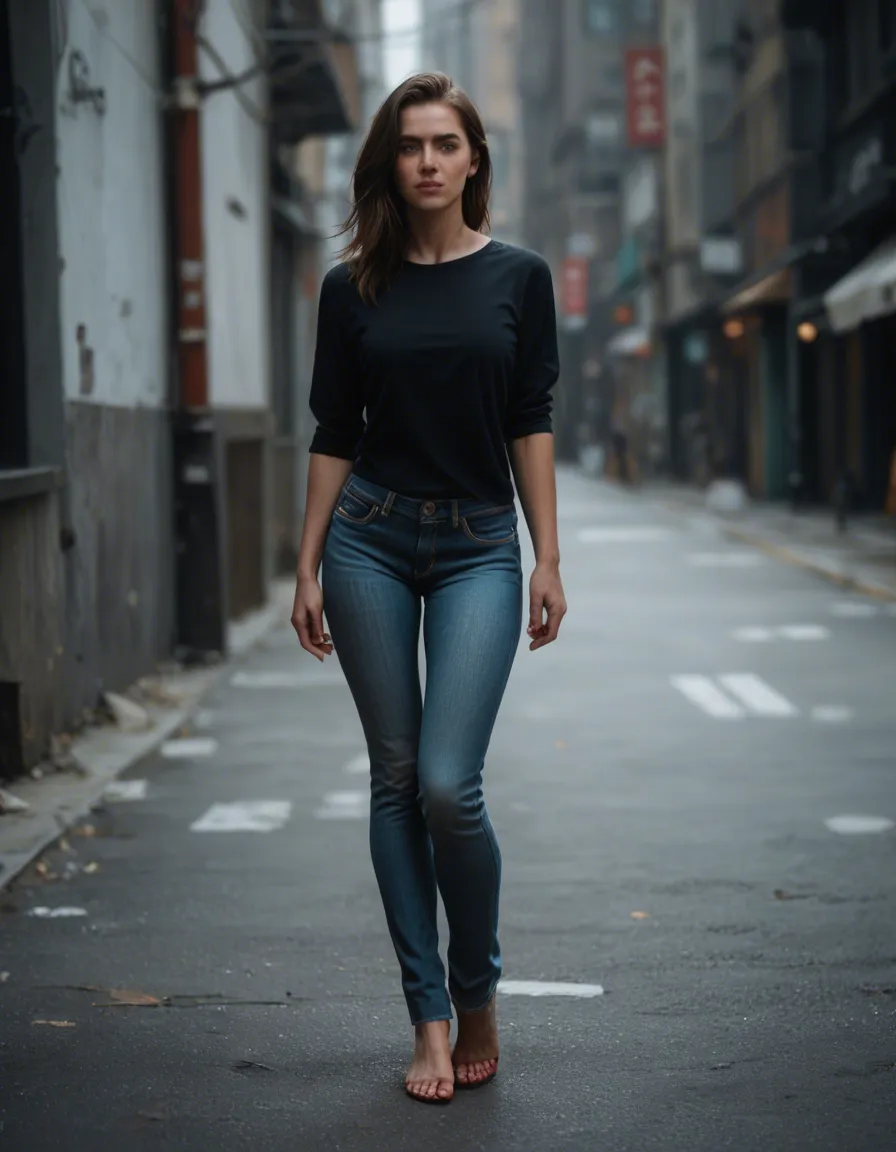 Full body, jeans, open_fly,, score_9, score_8, candid photo, realistic skin texture, visible skin pores, film grain, depth of field