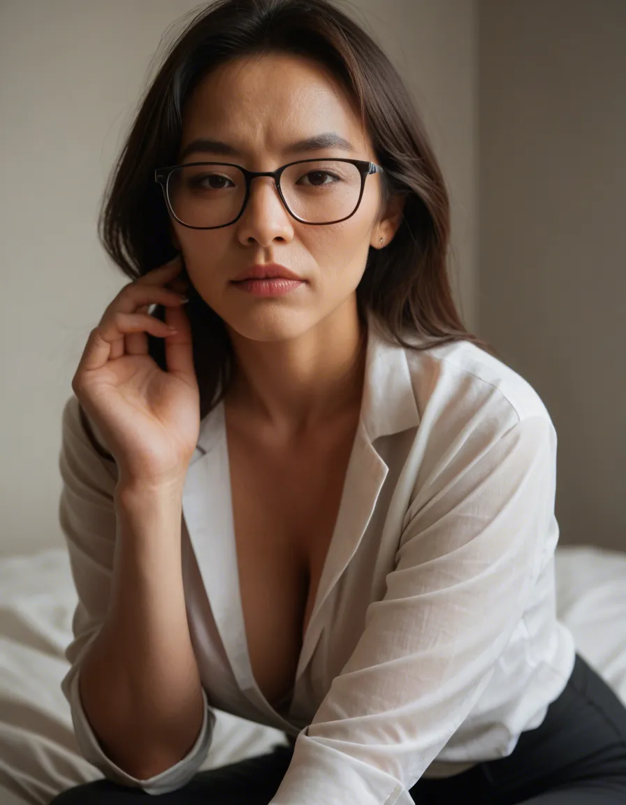 asian milf professor, glasses, white blouse, black pants, sexually_suggestive, score_9, score_8, candid photo, realistic skin texture, visible skin pores, film grain, depth of field