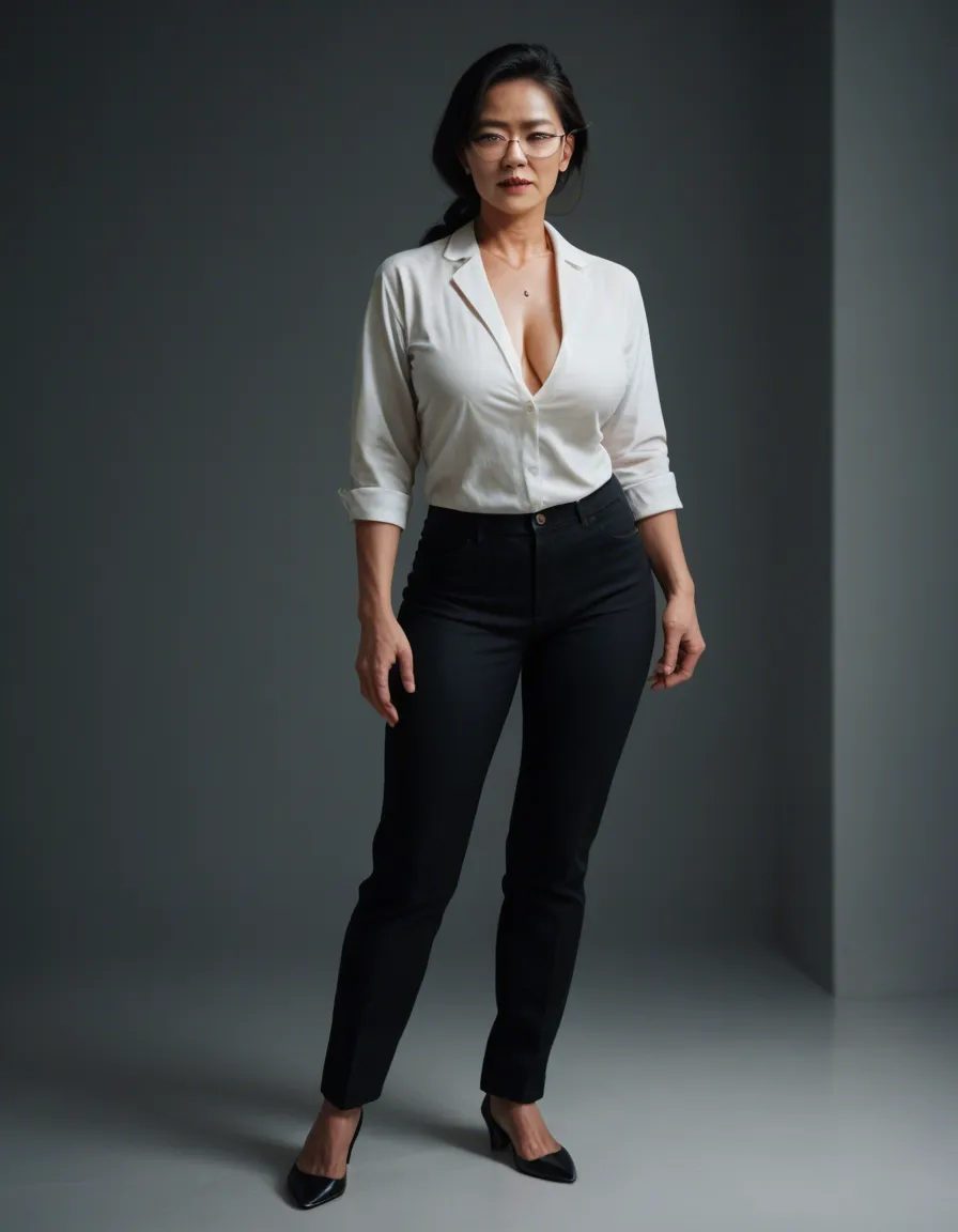 asian milf professor, glasses, white blouse, black pants, sexually_suggestive, full_body, score_9, score_8, candid photo, realistic skin texture, visible skin pores, film grain, depth of field