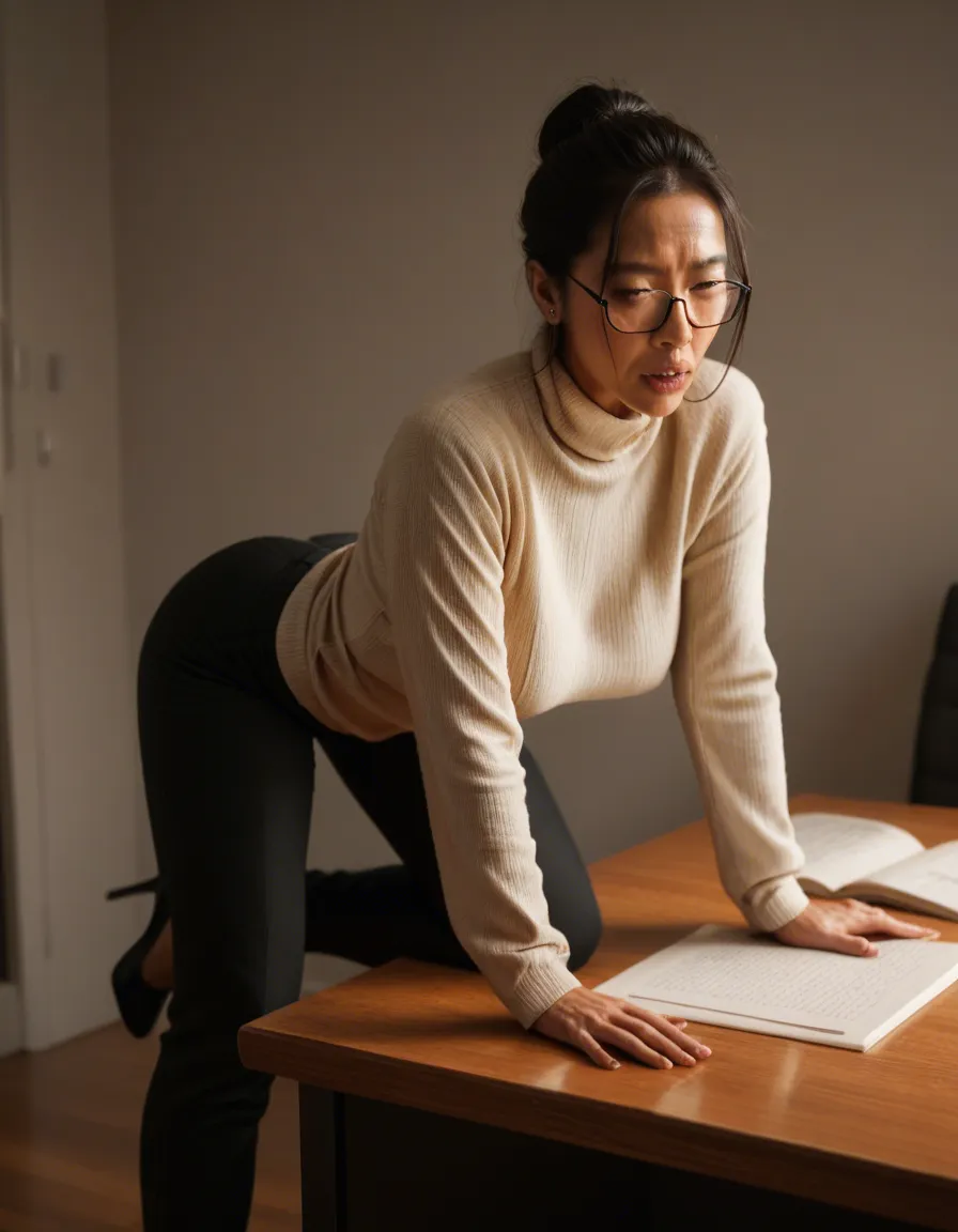 asian milf professor, glasses , tan sweater, black pants, female_masturbation , sexually_suggestive, all fours, on desk, full_body,, score_9, score_8, candid photo, realistic skin texture, visible skin pores, film grain, depth of field