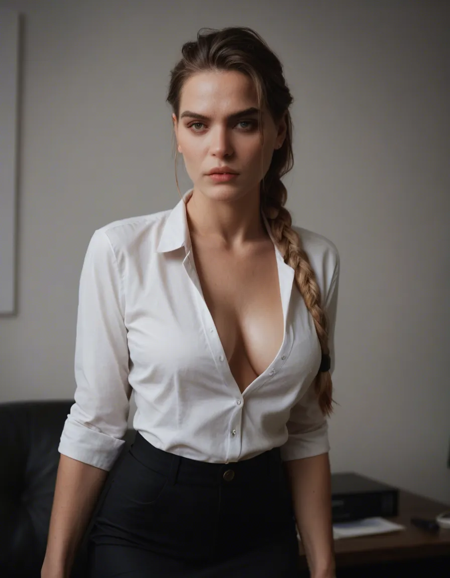 RAW photo, ultra realistic, solo female, single braid, office wear, bondage, studio photo, score_9, score_8, candid photo, realistic skin texture, visible skin pores, film grain, depth of field
