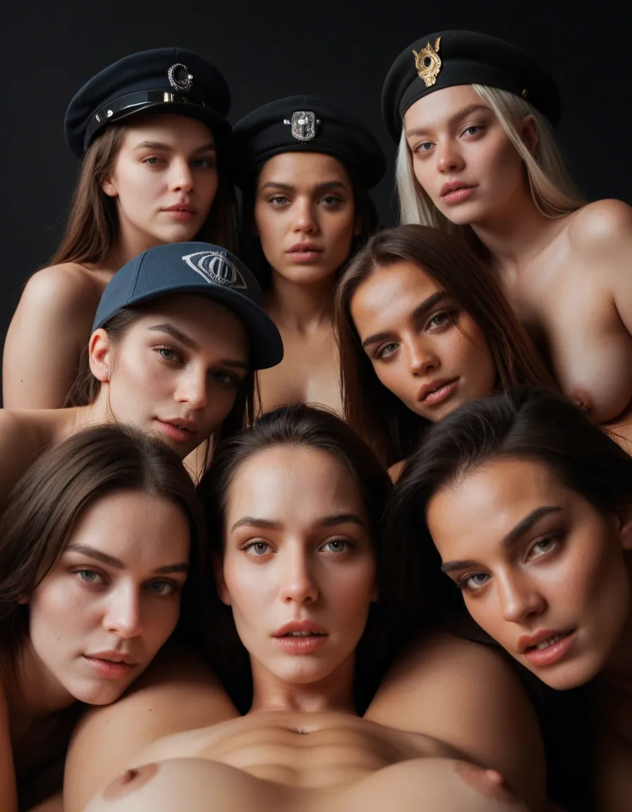 best quality, hyperrealistic, 5women, thighhighs, hat, 69 position, black background, POV, 8k uhd photo, score_9, score_8, candid photo, realistic skin texture, visible skin pores, film grain, depth of field