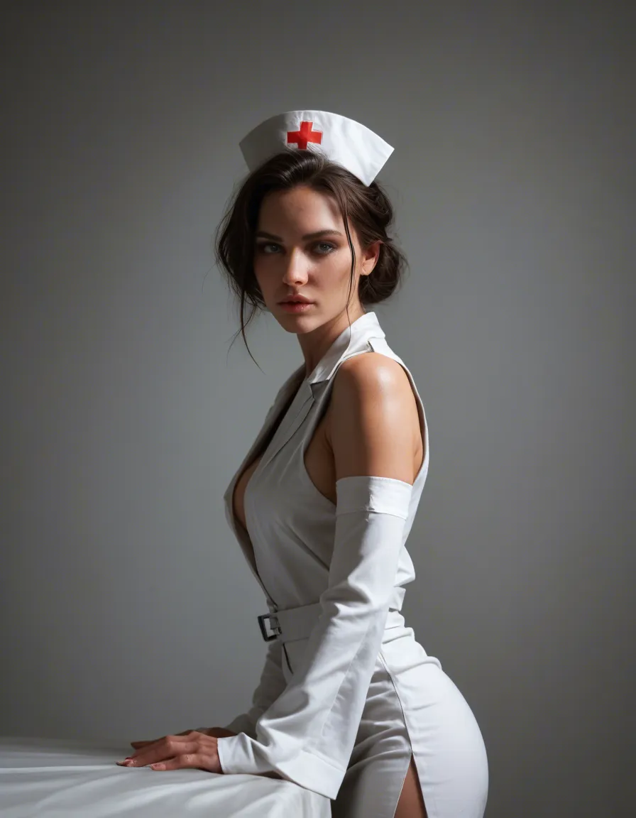 best quality, hyperrealistic, nurse, detached sleeves, futanari, spotlight, RAW photo, score_9, score_8, candid photo, realistic skin texture, visible skin pores, film grain, depth of field