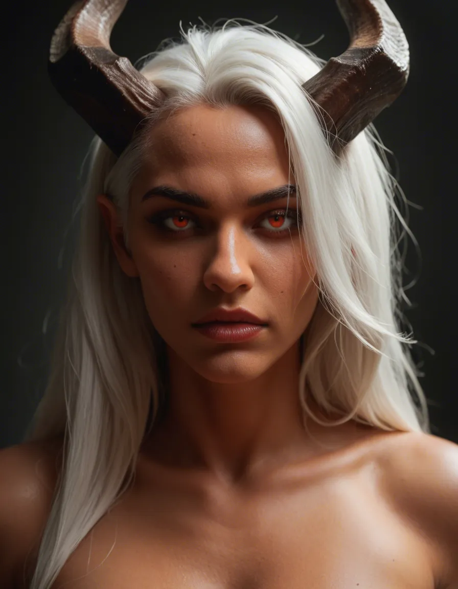 8k, sharp focus, detailed skin, demon woman, white hair, horns, fully nude, hyperrealistic, score_9, score_8, candid photo, realistic skin texture, visible skin pores, film grain, depth of field