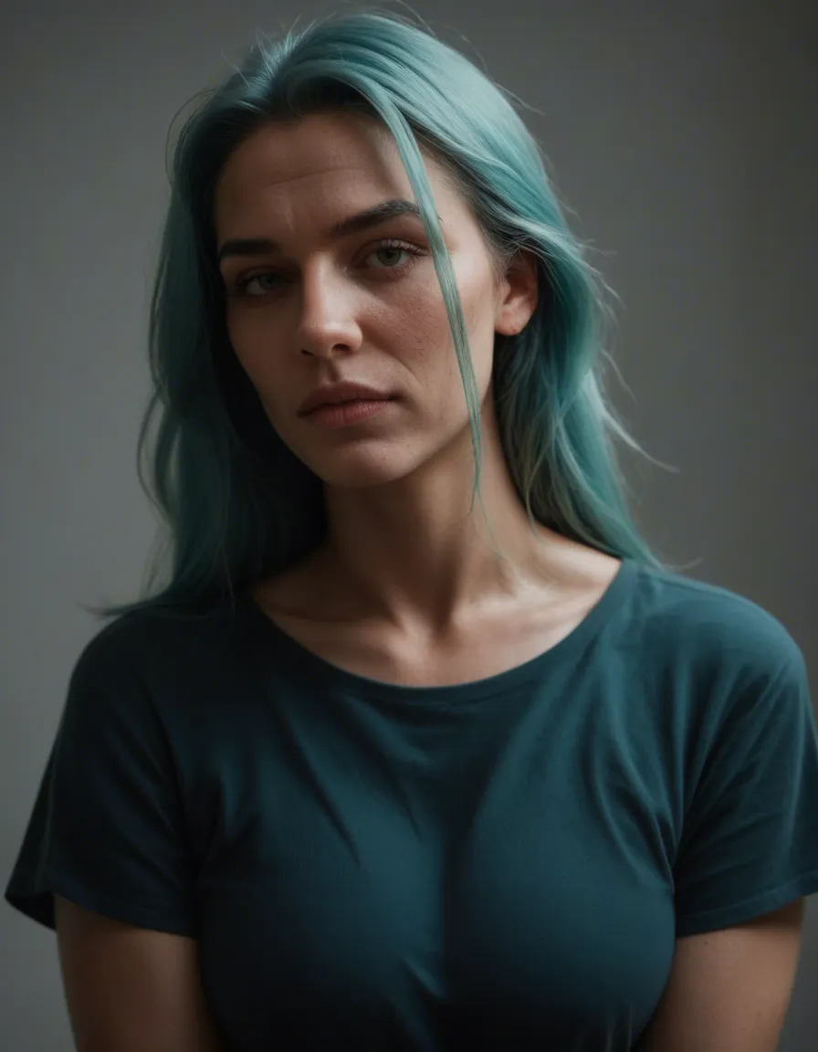 ultra HD, lifelike, mature female, aqua hair, short sleeves, presenting, ambient glow, photorealistic, score_9, score_8, candid photo, realistic skin texture, visible skin pores, film grain, depth of field