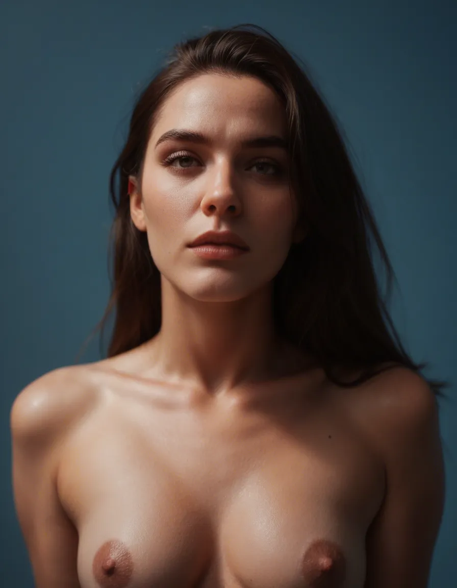 highly detailed, natural lighting, brunette woman, topless, petite adult woman, blue background, 8k uhd photo, score_9, score_8, candid photo, realistic skin texture, visible skin pores, film grain, depth of field, score_9, score_8, amateur photo, phone snapshot, realistic skin texture, skin blemishes, soft indoor lighting