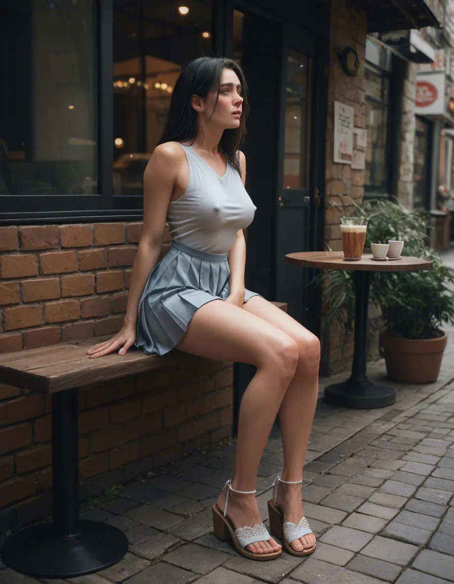 woman 18 years old long black hair, cute heart shaped face, blue eyes, orgasm , facing_away ,erect nipples. Sitting outside cafe across walkway, legs_together , panties around knees. Wearing pleated_dress , silver lace sandals , masturbation , female_masturbation,, score_9, score_8, candid photo, realistic skin texture, visible skin pores, film grain, depth of field
