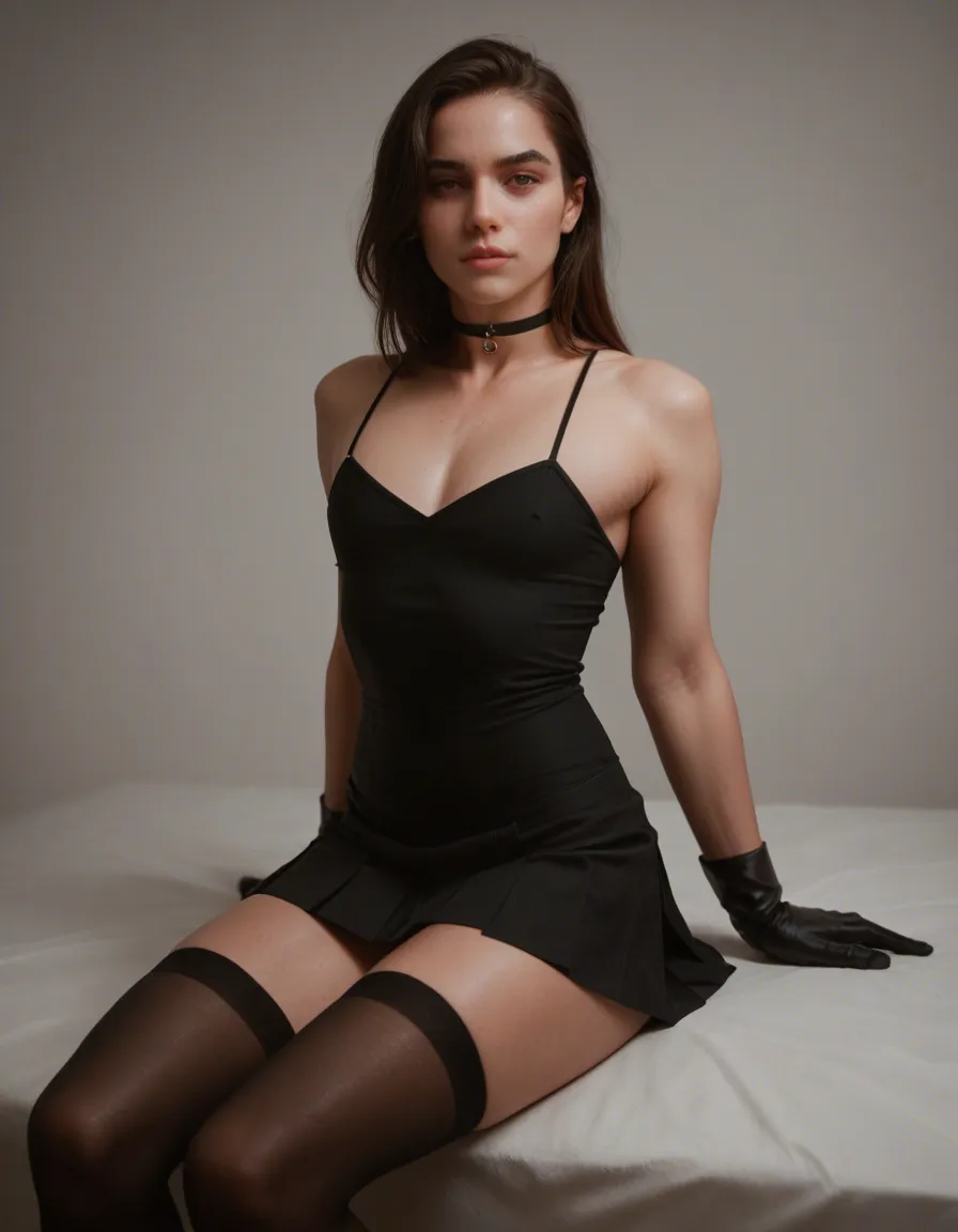 #1boy Femboy #black_gloves #black_thighhighs #choker #skirt #looking_at_viewer #sitting Showing feet to viewer, score_9, score_8, candid photo, realistic skin texture, visible skin pores, film grain, depth of field