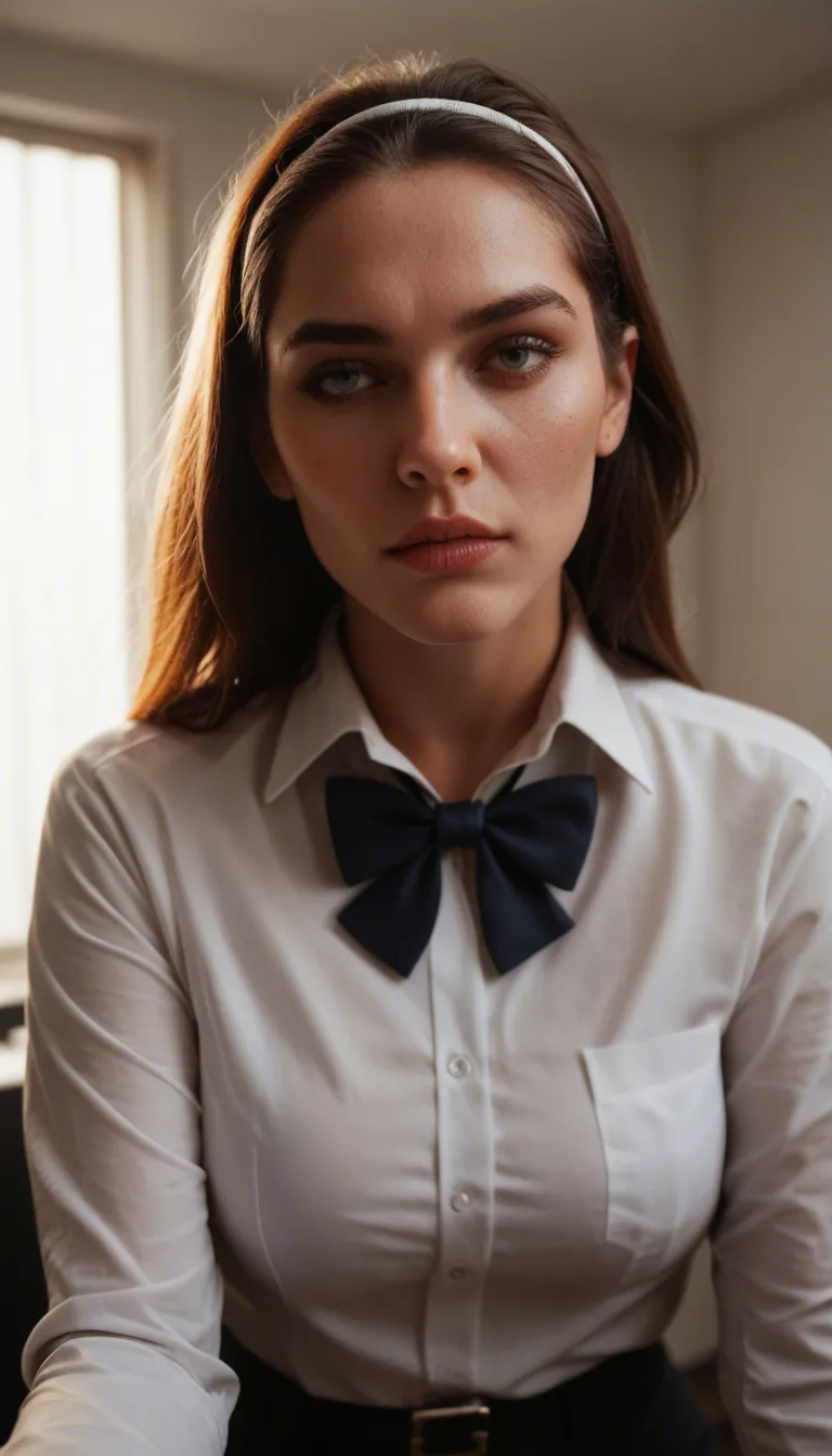 cinematic photo, 8k, office lady, hairband, bowtie, cumshot, spotlight, dslr quality